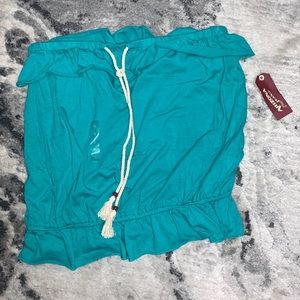 Blue ruffled strapless top